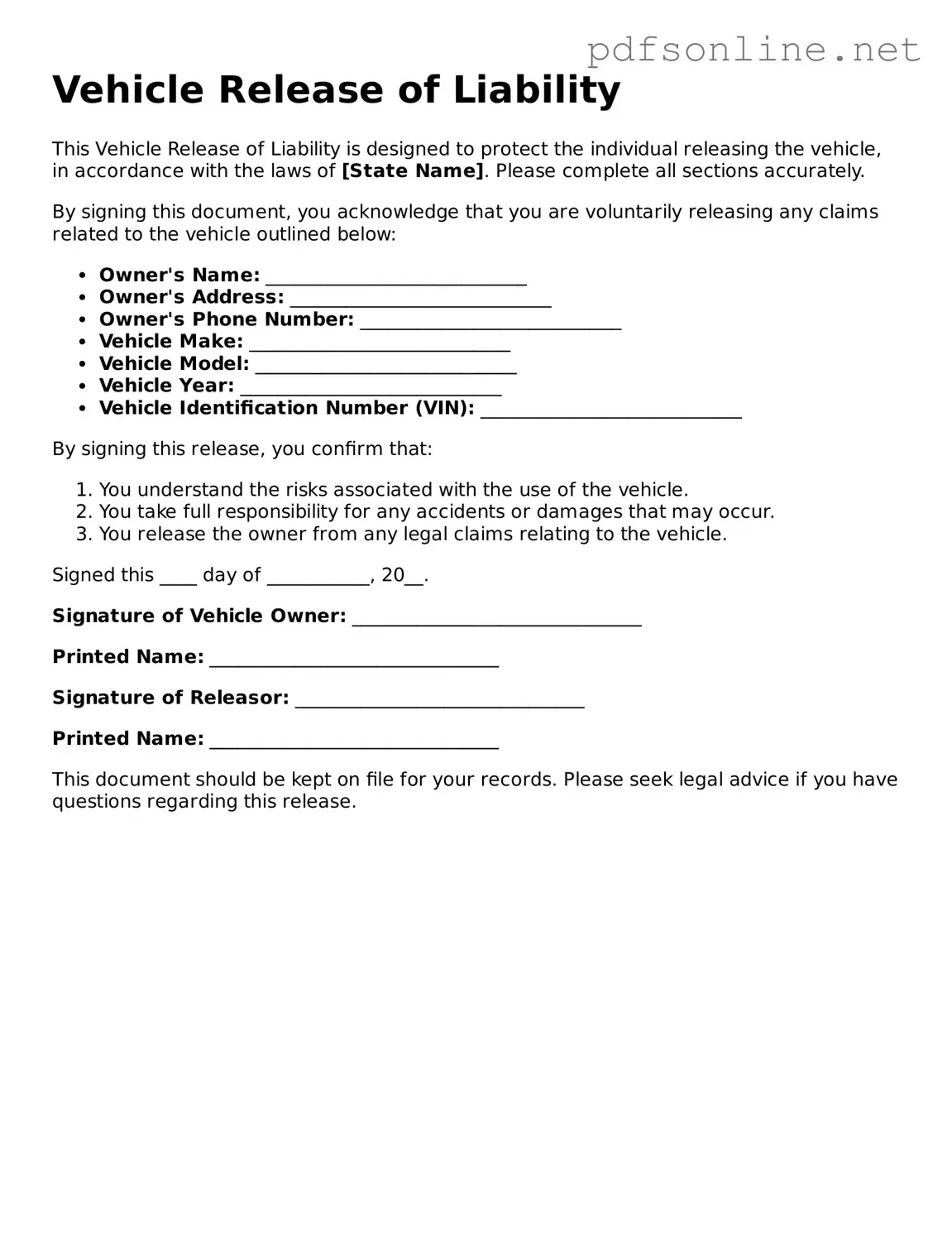 Attorney-Approved Vehicle Release of Liability Form