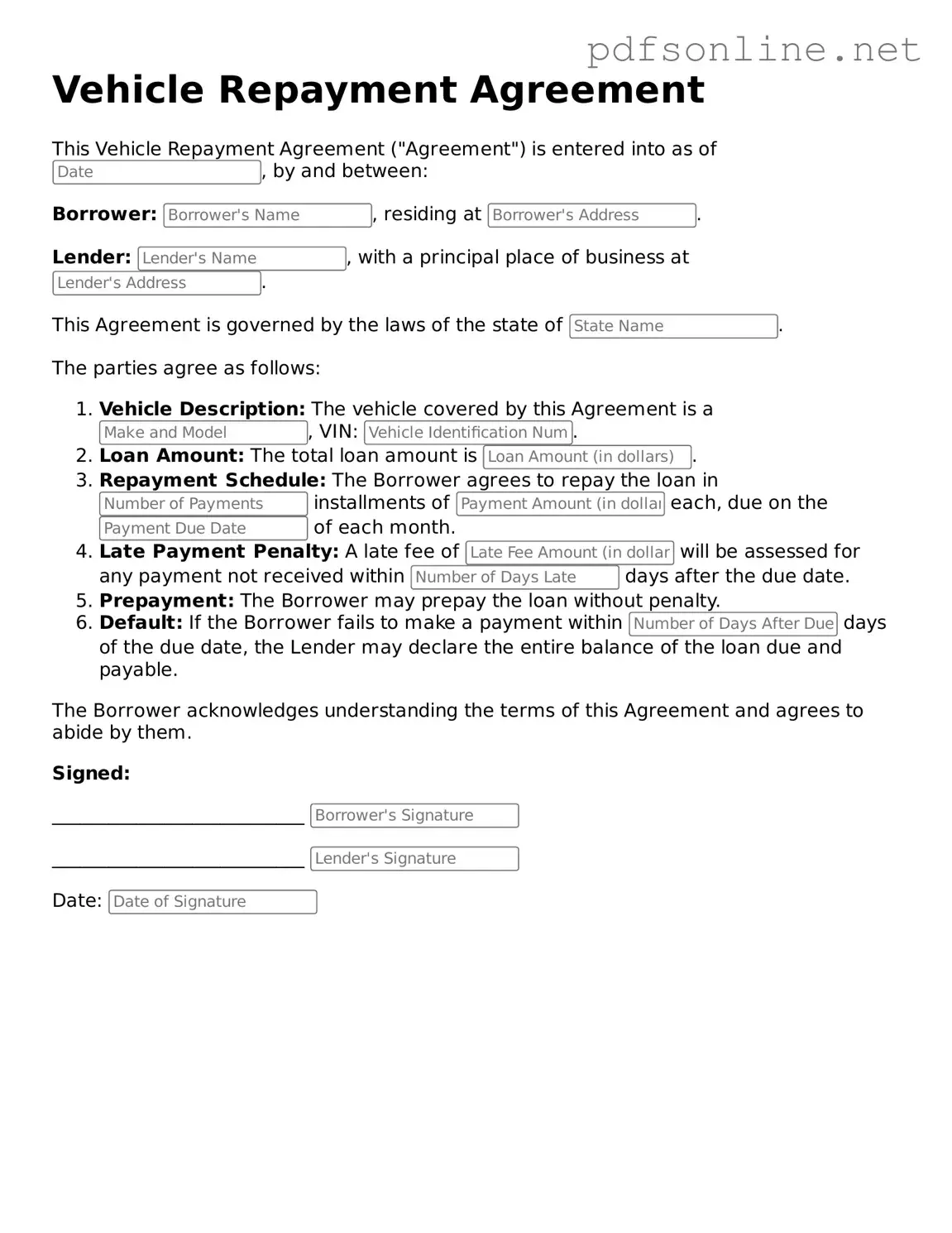 Attorney-Approved Vehicle Repayment Agreement Form