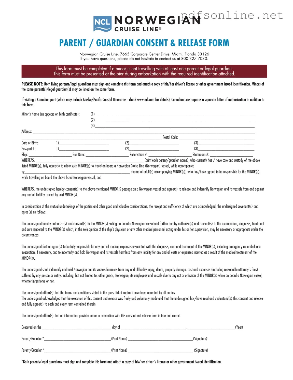 Free NCL Parental Consent PDF Form