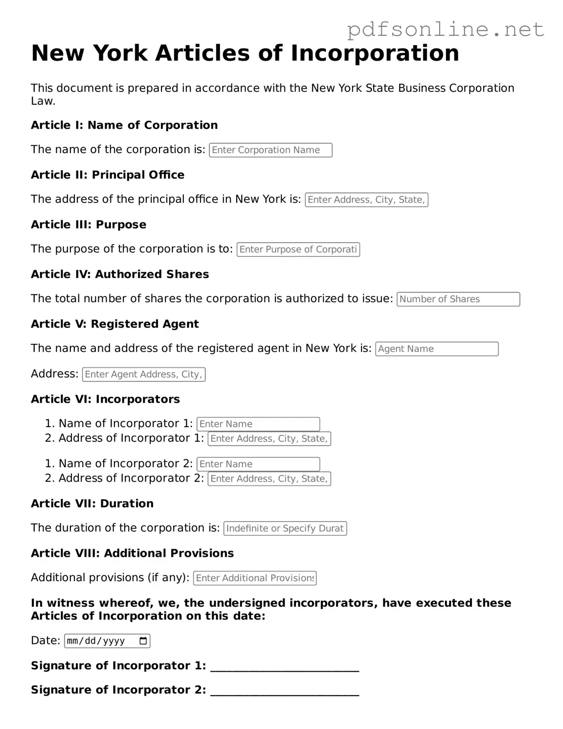 Legal Articles of Incorporation Template for the State of New York