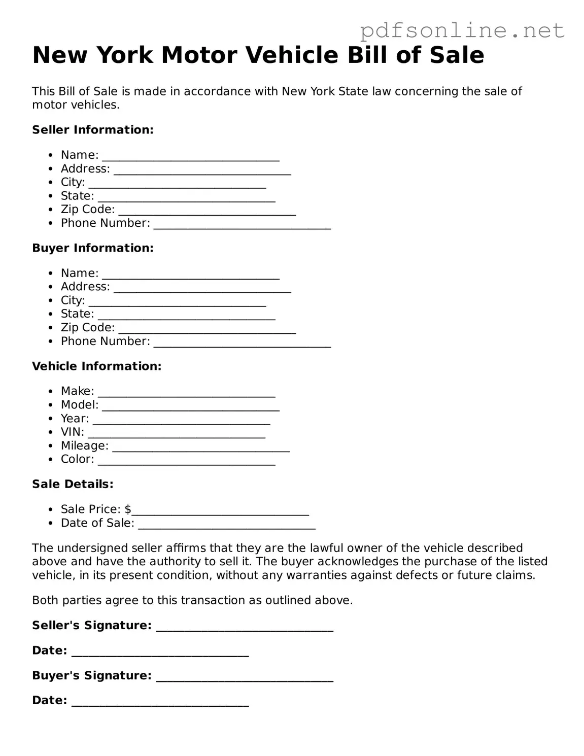 Legal Motor Vehicle Bill of Sale Template for the State of New York