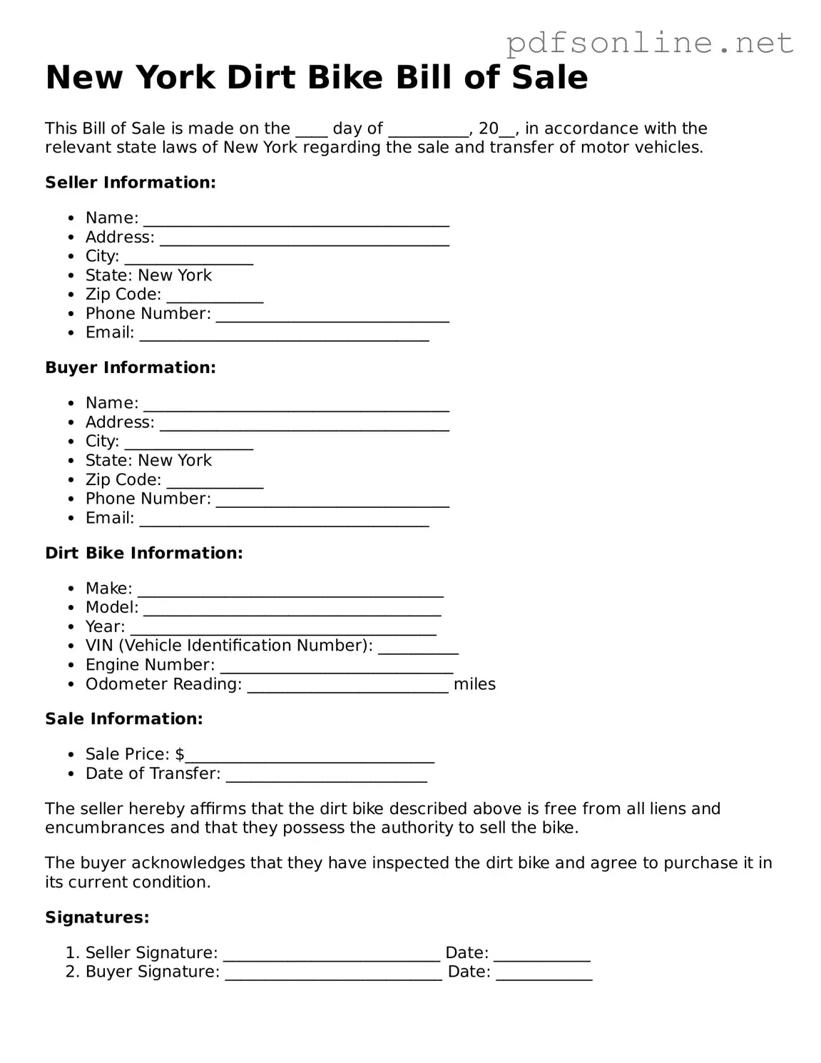 Legal Dirt Bike Bill of Sale Template for the State of New York