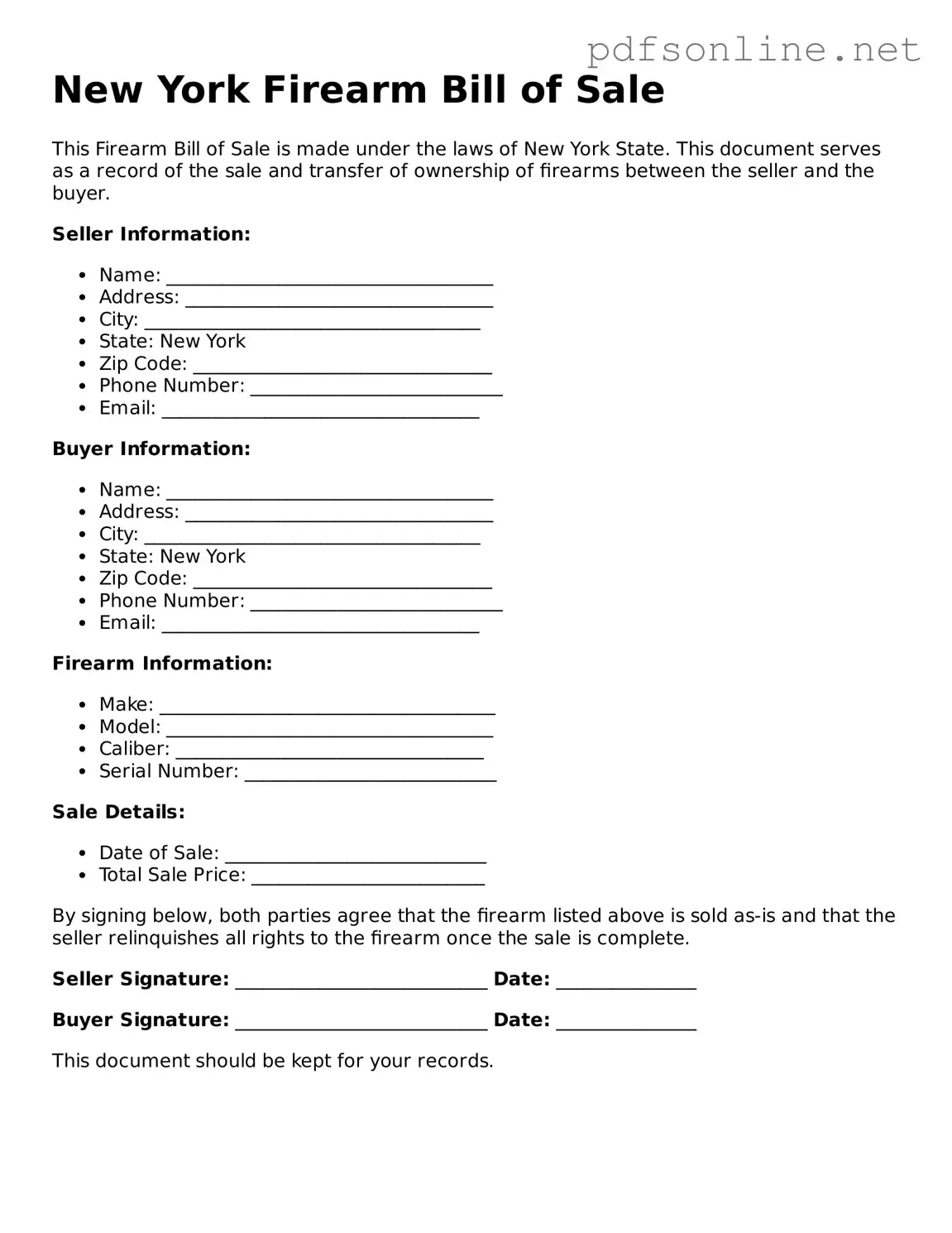 Legal Firearm Bill of Sale Template for the State of New York