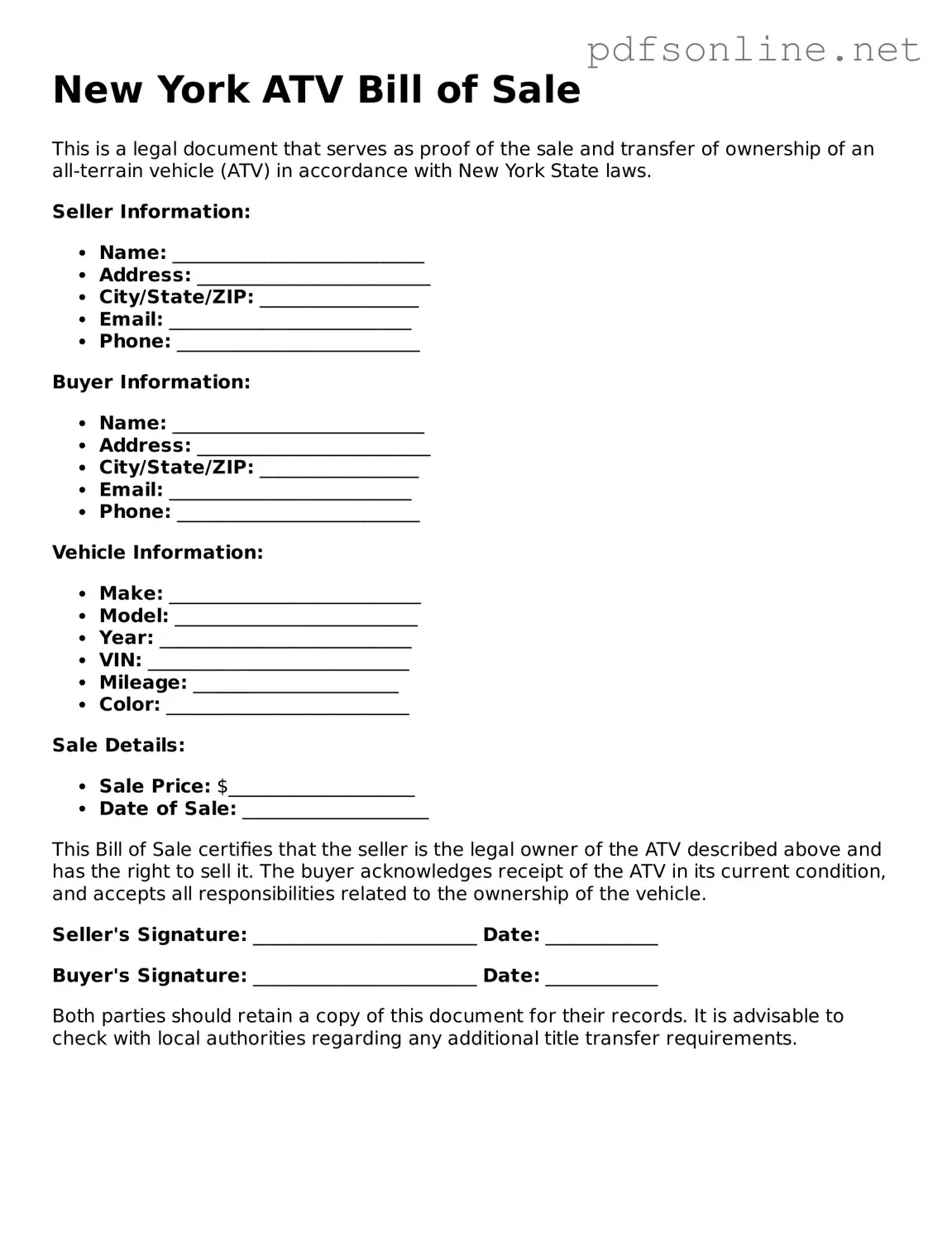 Legal ATV Bill of Sale Template for the State of New York