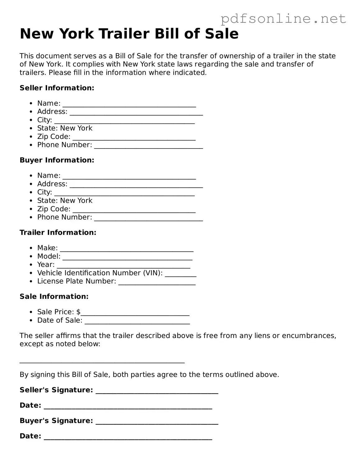 Legal Trailer Bill of Sale Template for the State of New York