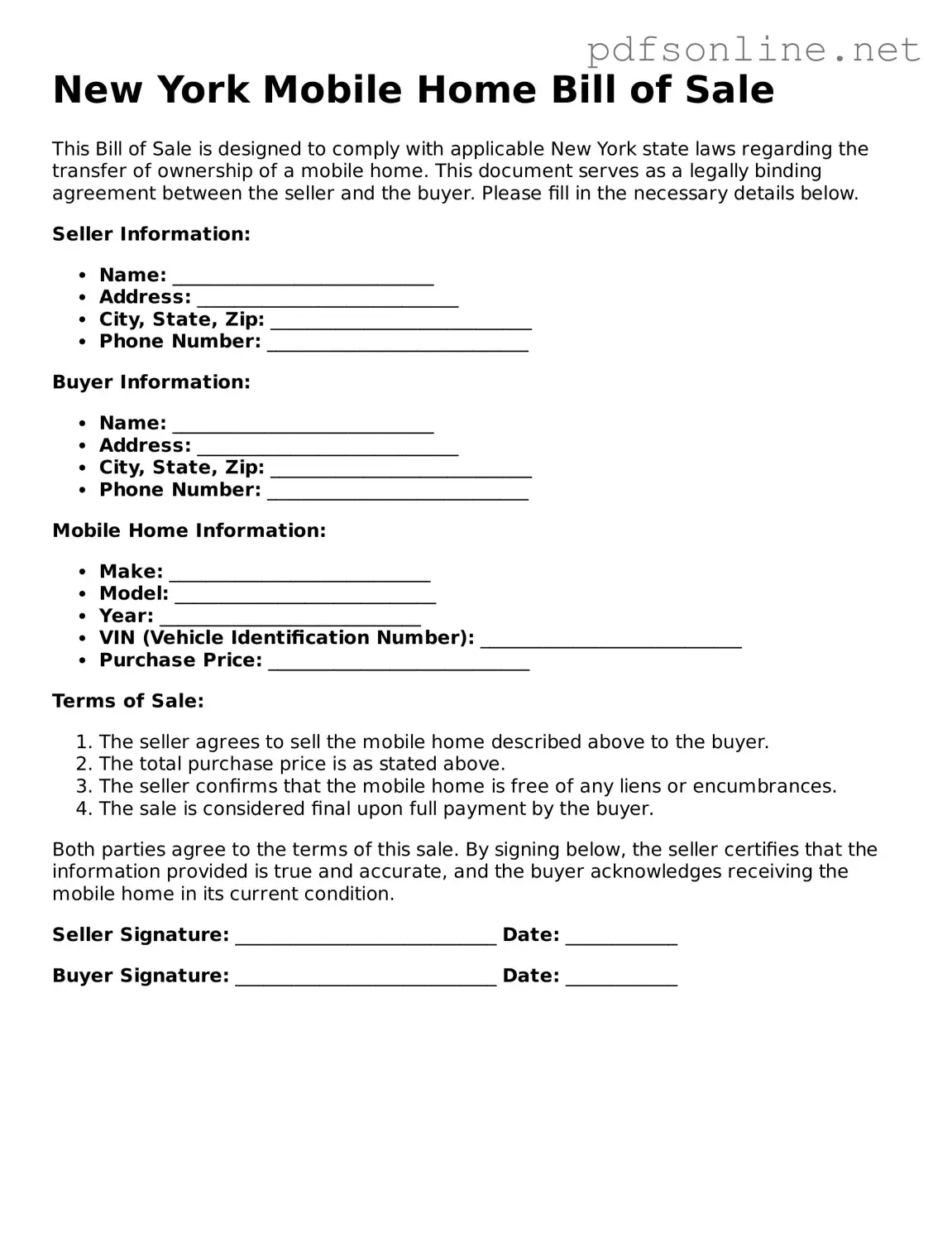Legal Mobile Home Bill of Sale Template for the State of New York