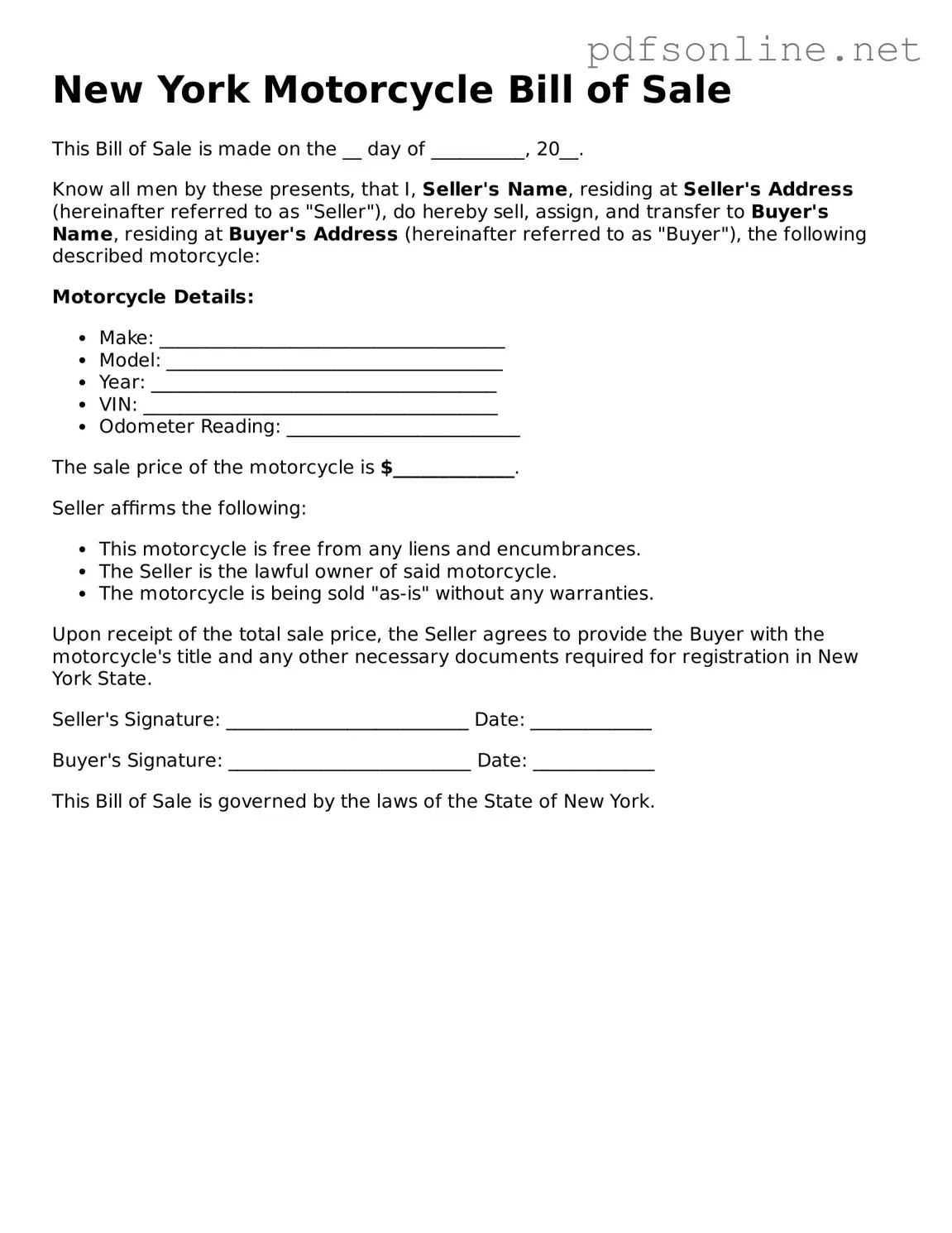 Legal Motorcycle Bill of Sale Template for the State of New York