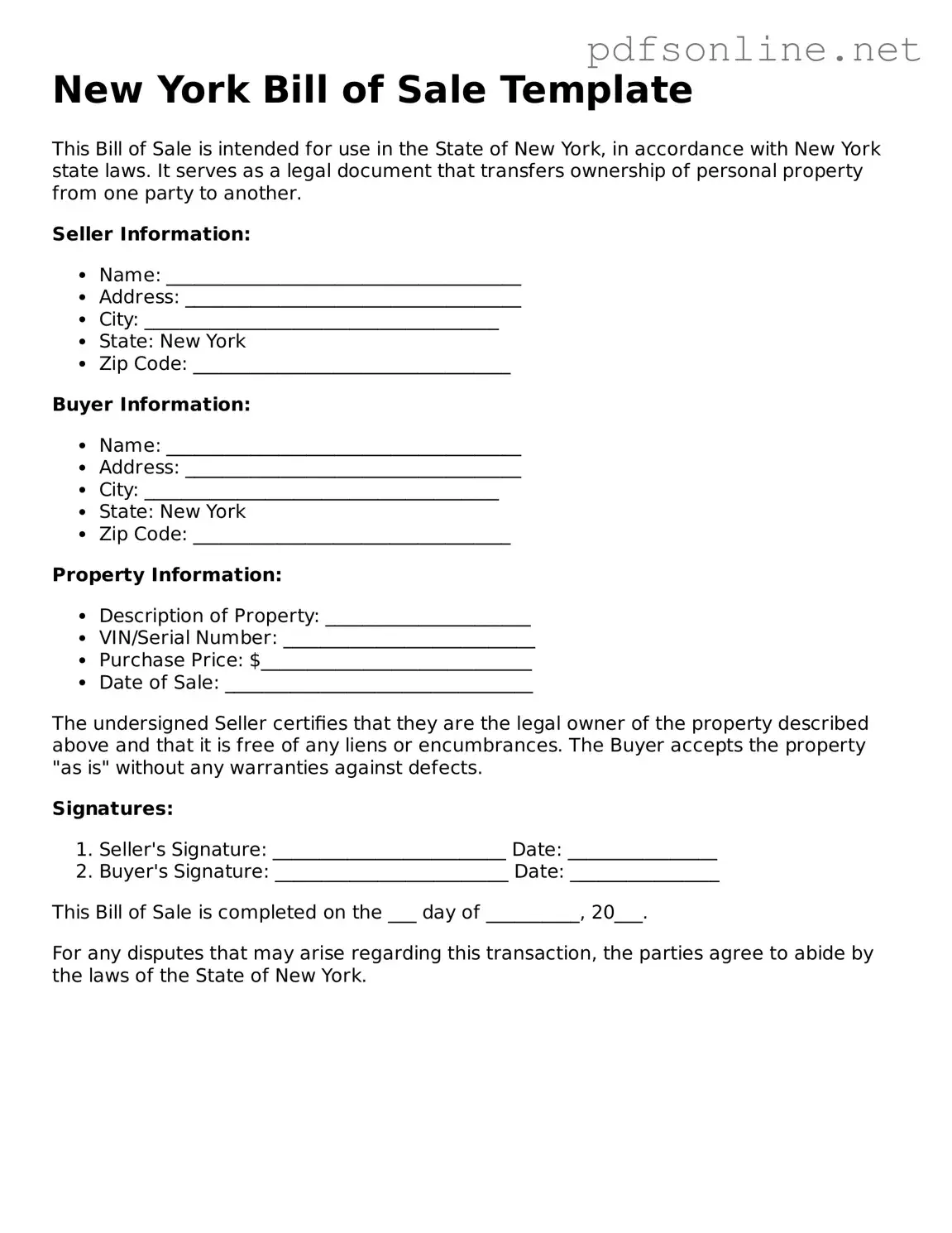 Legal Bill of Sale Template for the State of New York
