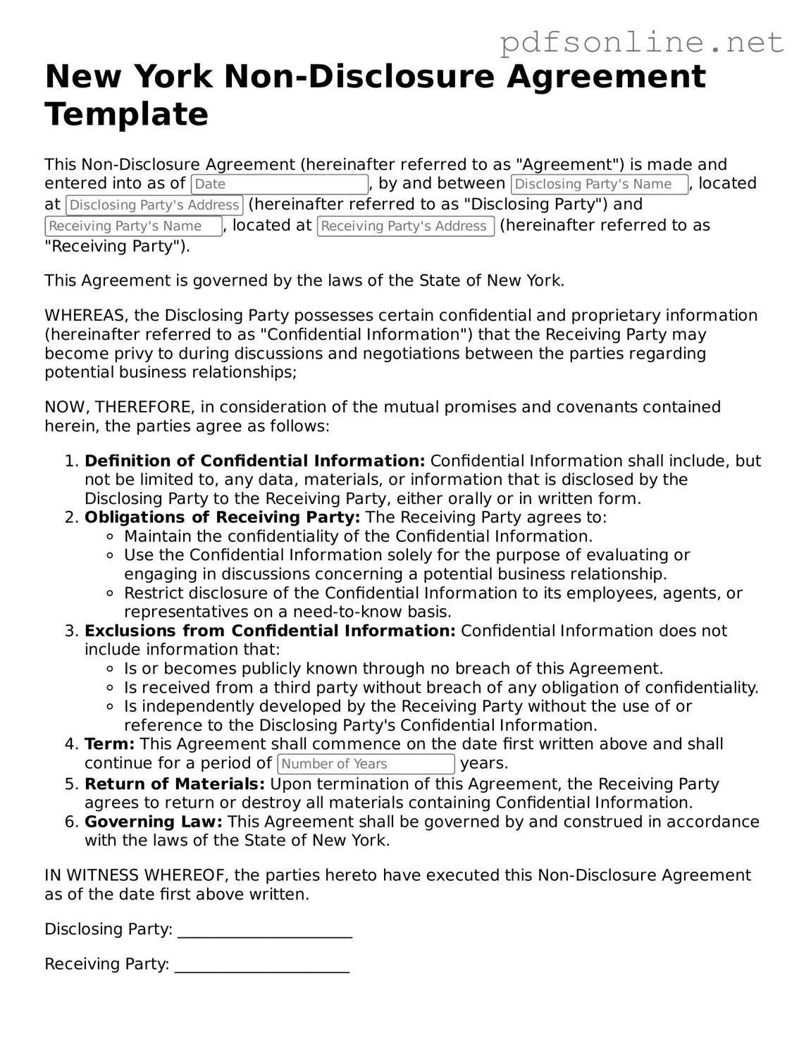 Legal Non-disclosure Agreement Template for the State of New York