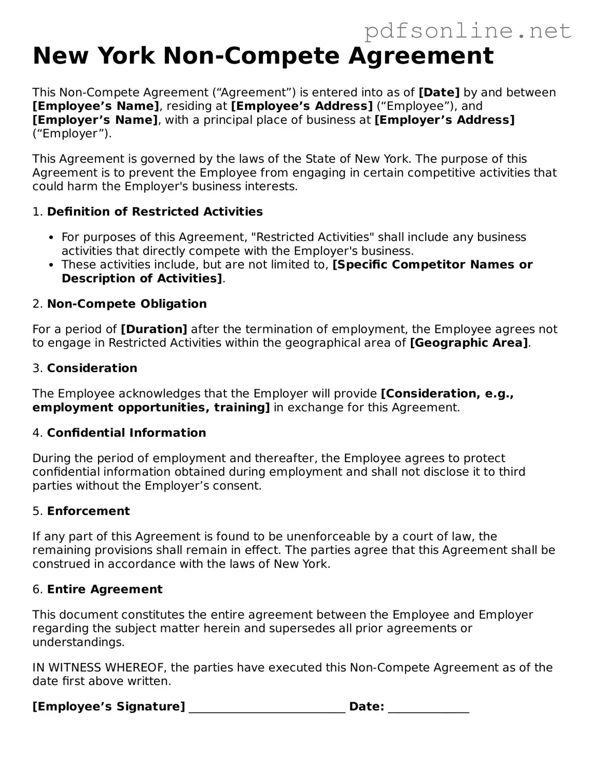 Legal Non-compete Agreement Template for the State of New York