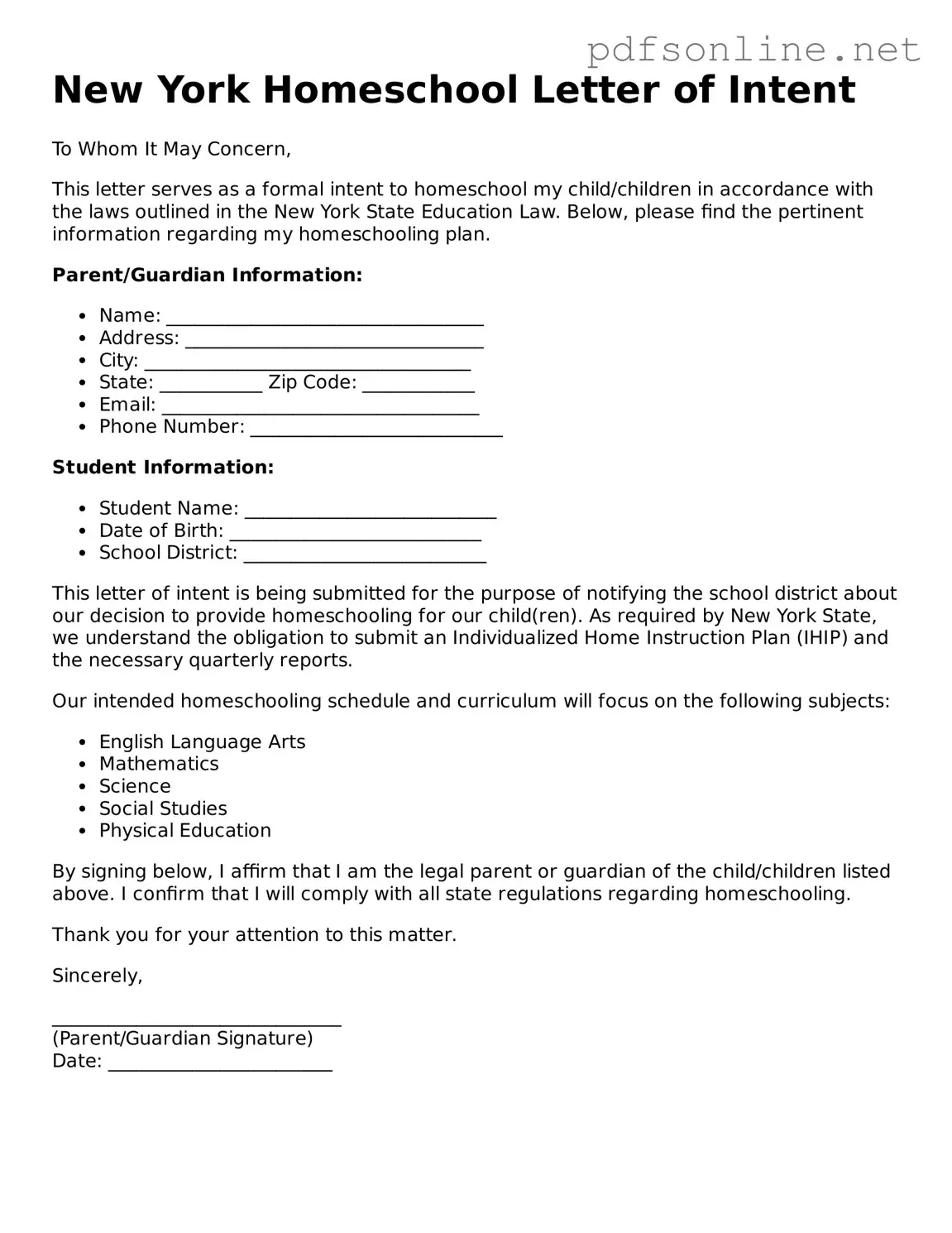 Legal Homeschool Letter of Intent Template for the State of New York