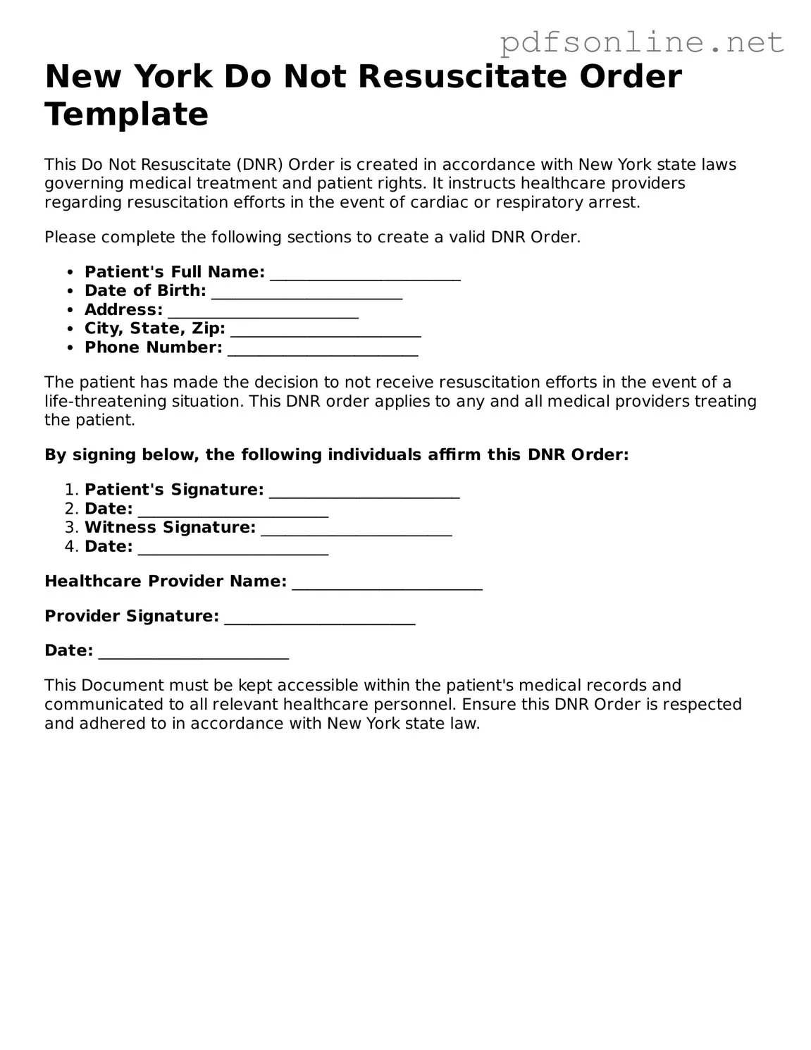 Legal Do Not Resuscitate Order Template for the State of New York