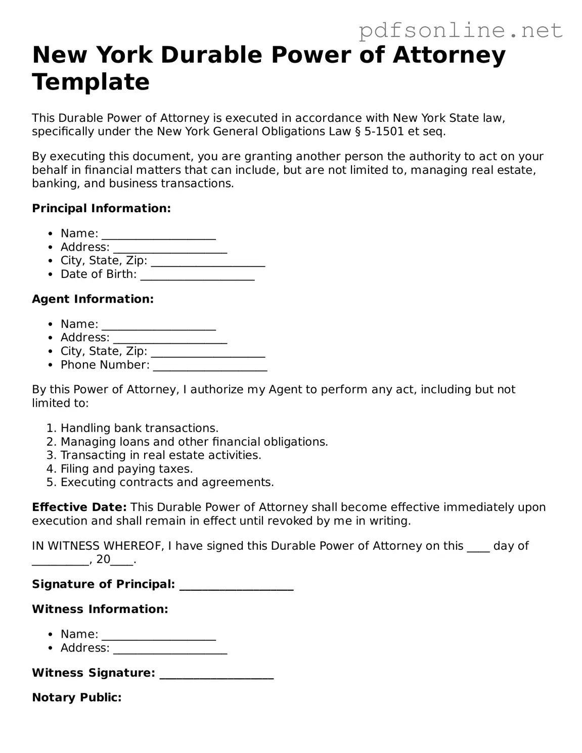 Legal Durable Power of Attorney Template for the State of New York