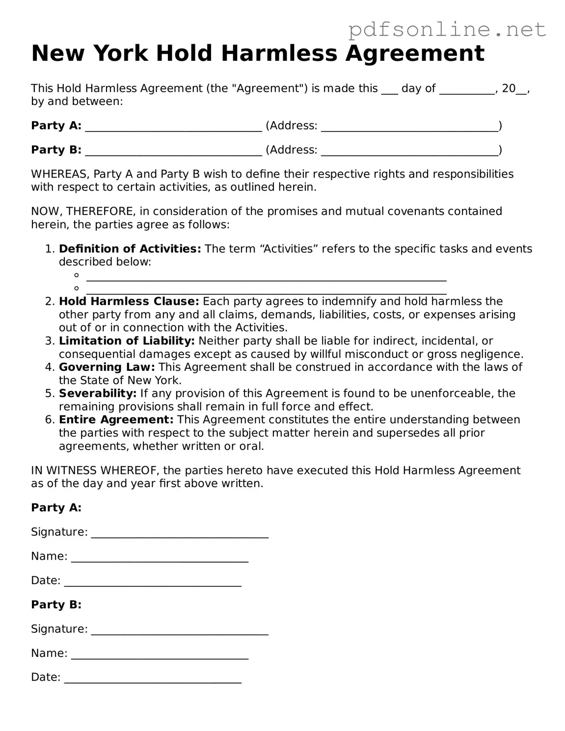 Legal Hold Harmless Agreement Template for the State of New York