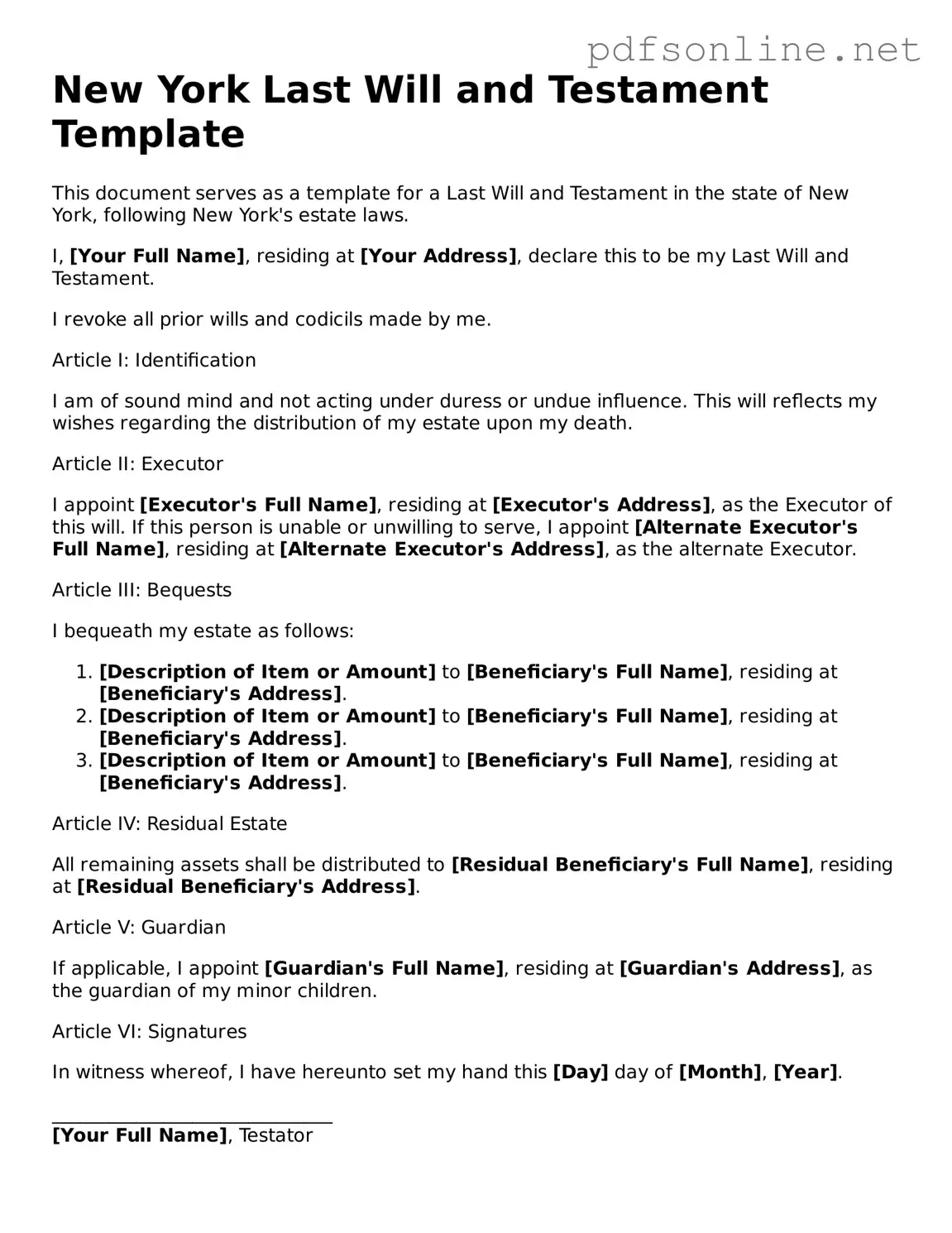 Legal Last Will and Testament Template for the State of New York