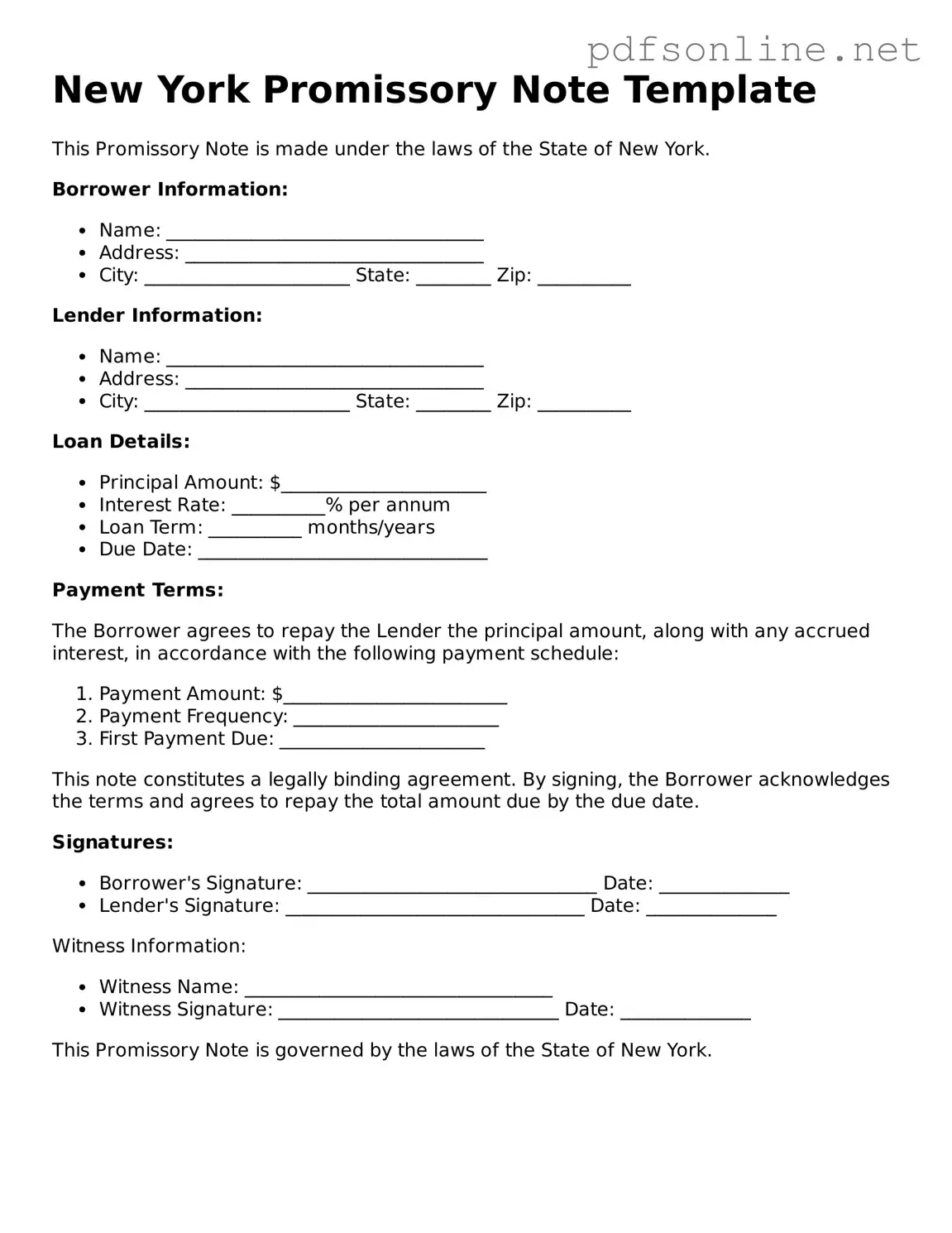 Legal Promissory Note Template for the State of New York