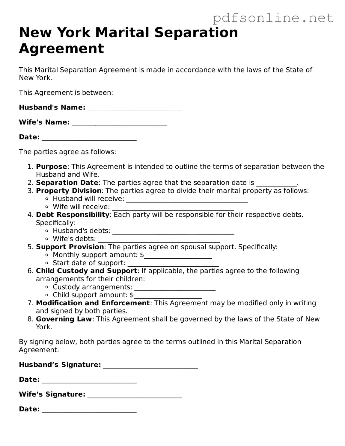 Legal Marital Separation Agreement Template for the State of New York