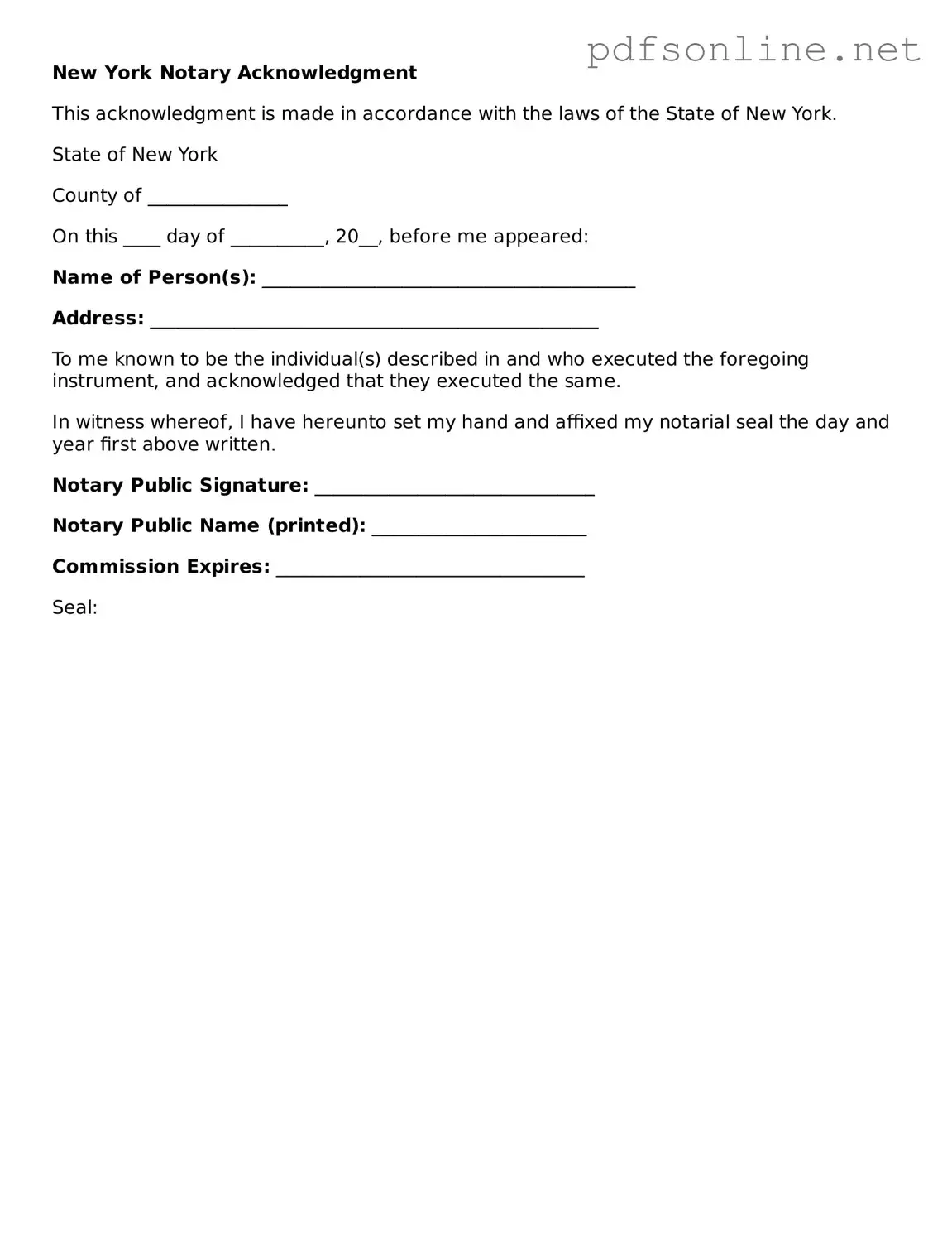 Legal Notary Acknowledgement Template for the State of New York