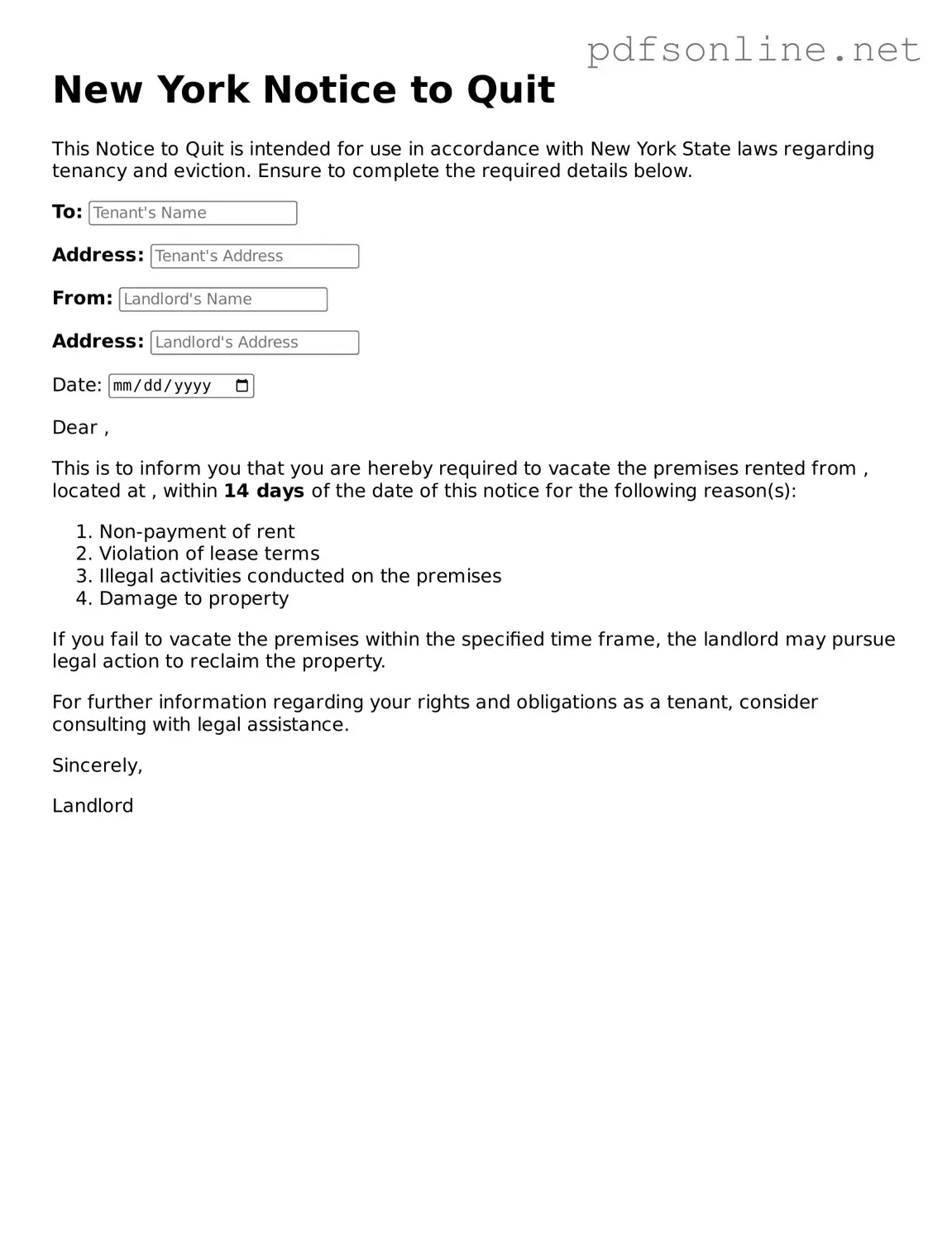 Legal Notice to Quit Template for the State of New York
