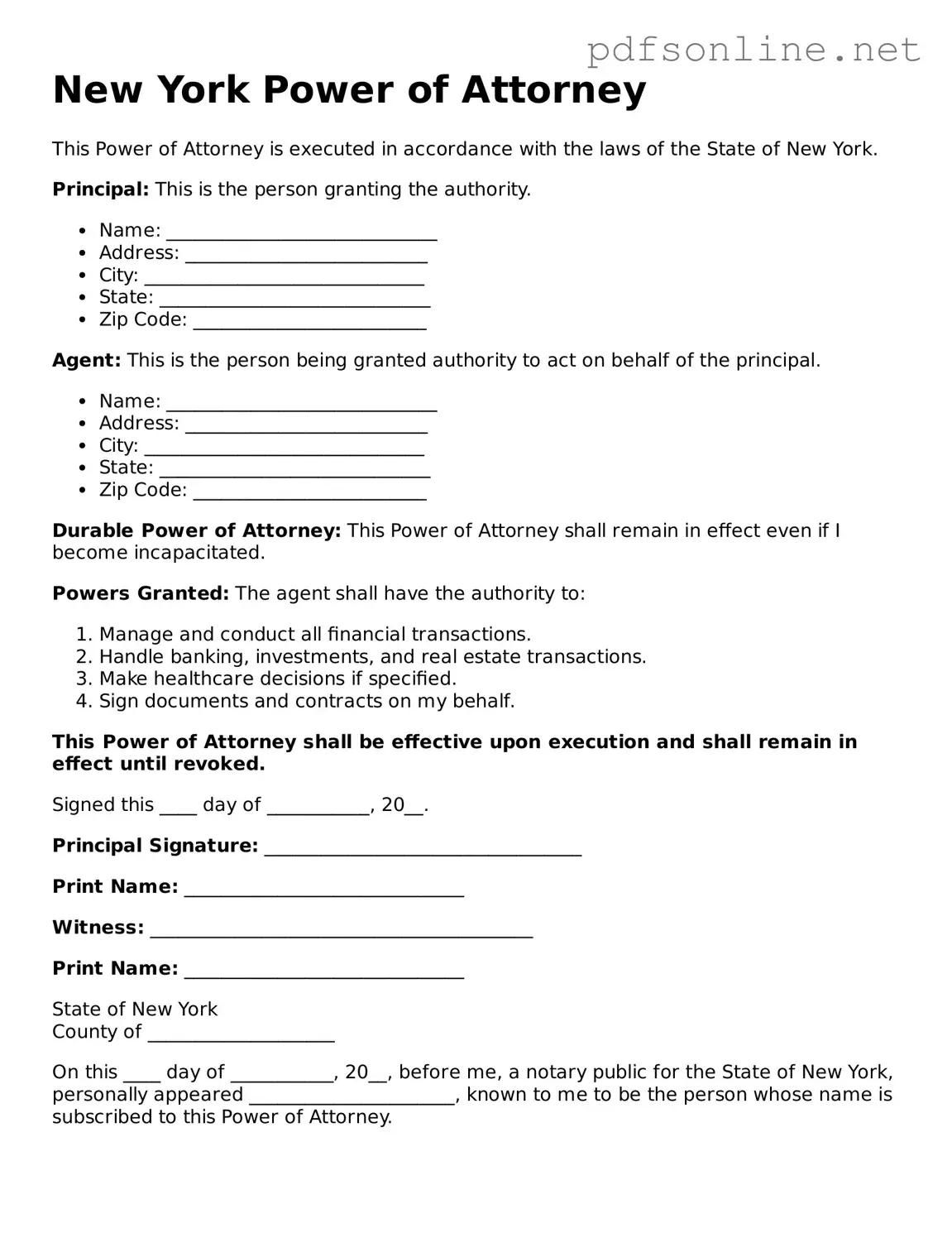 Legal Power of Attorney Template for the State of New York