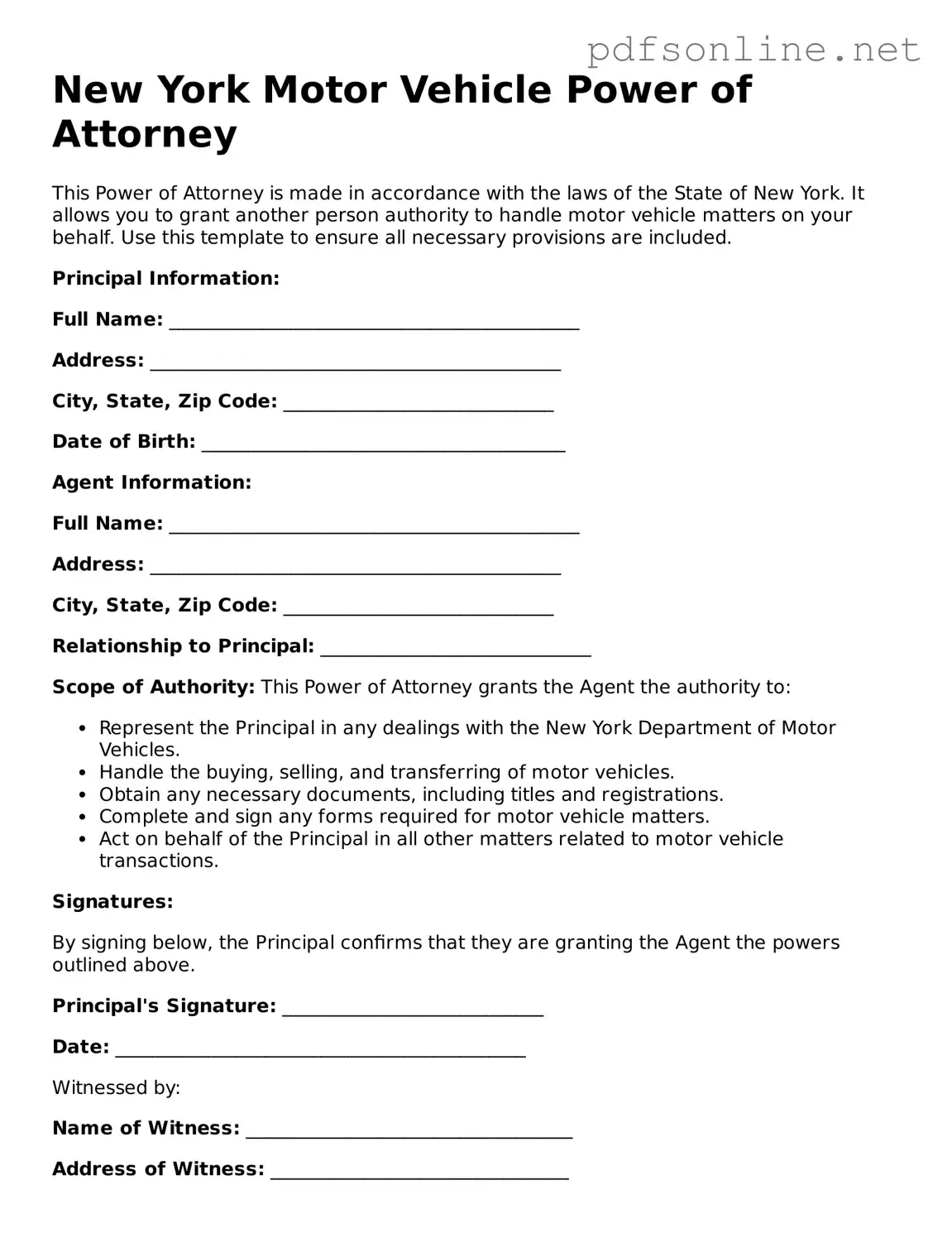 Legal Motor Vehicle Power of Attorney Template for the State of New York