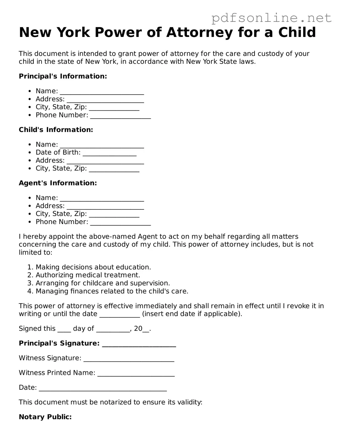 Legal Power of Attorney for a Child Template for the State of New York