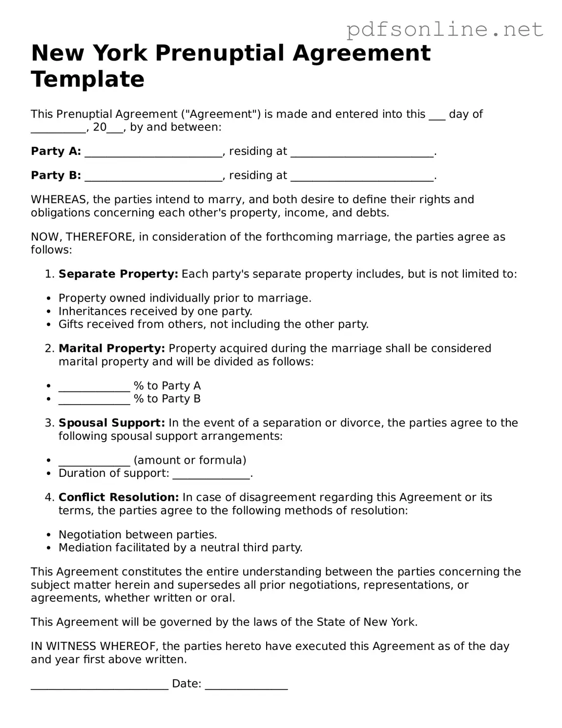 Legal Prenuptial Agreement Template for the State of New York