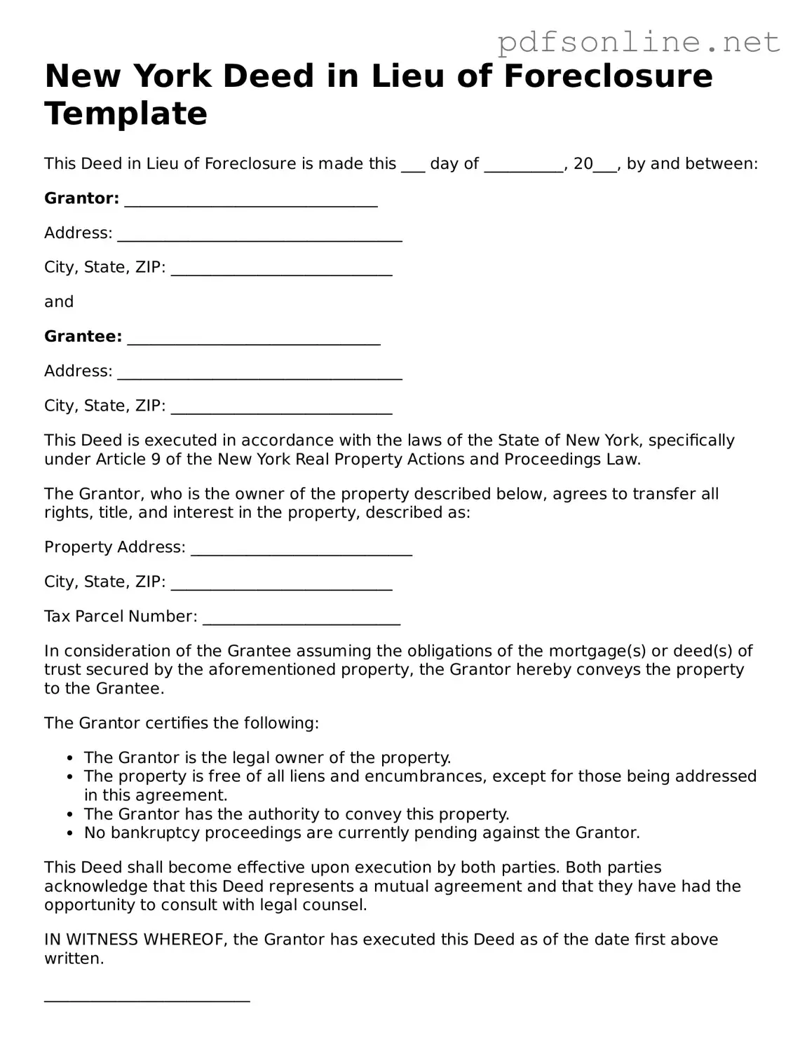 Legal Deed in Lieu of Foreclosure Template for the State of New York