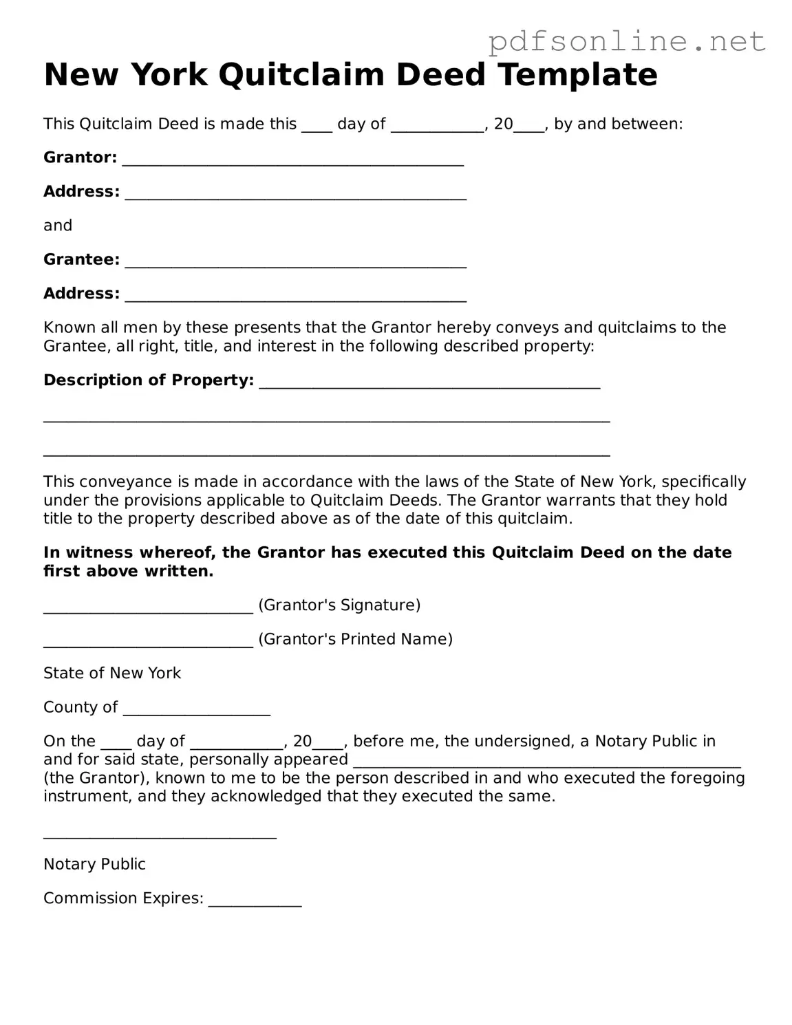 Legal Quitclaim Deed Template for the State of New York