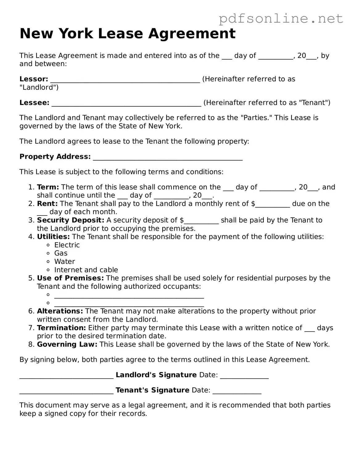 Legal Lease Agreement Template for the State of New York