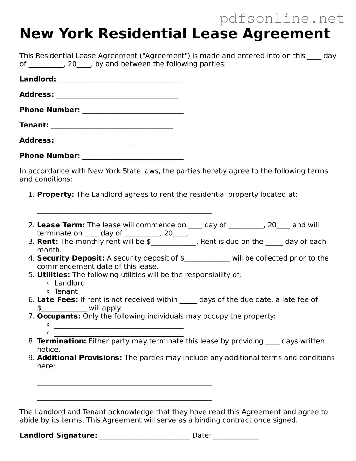 Legal Residential Lease Agreement Template for the State of New York