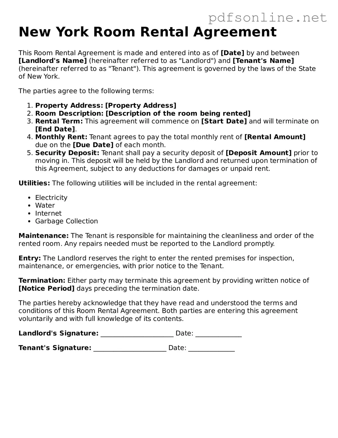 Legal Room Rental Agreement Template for the State of New York