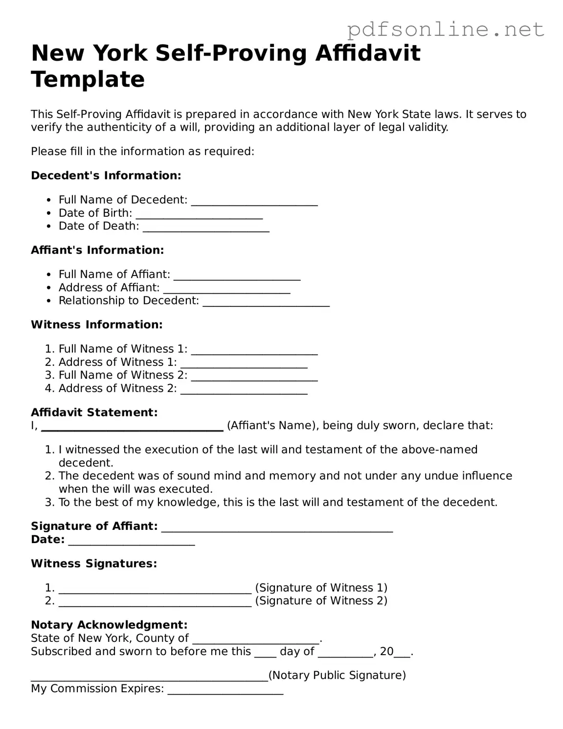 Legal Self-Proving Affidavit Template for the State of New York