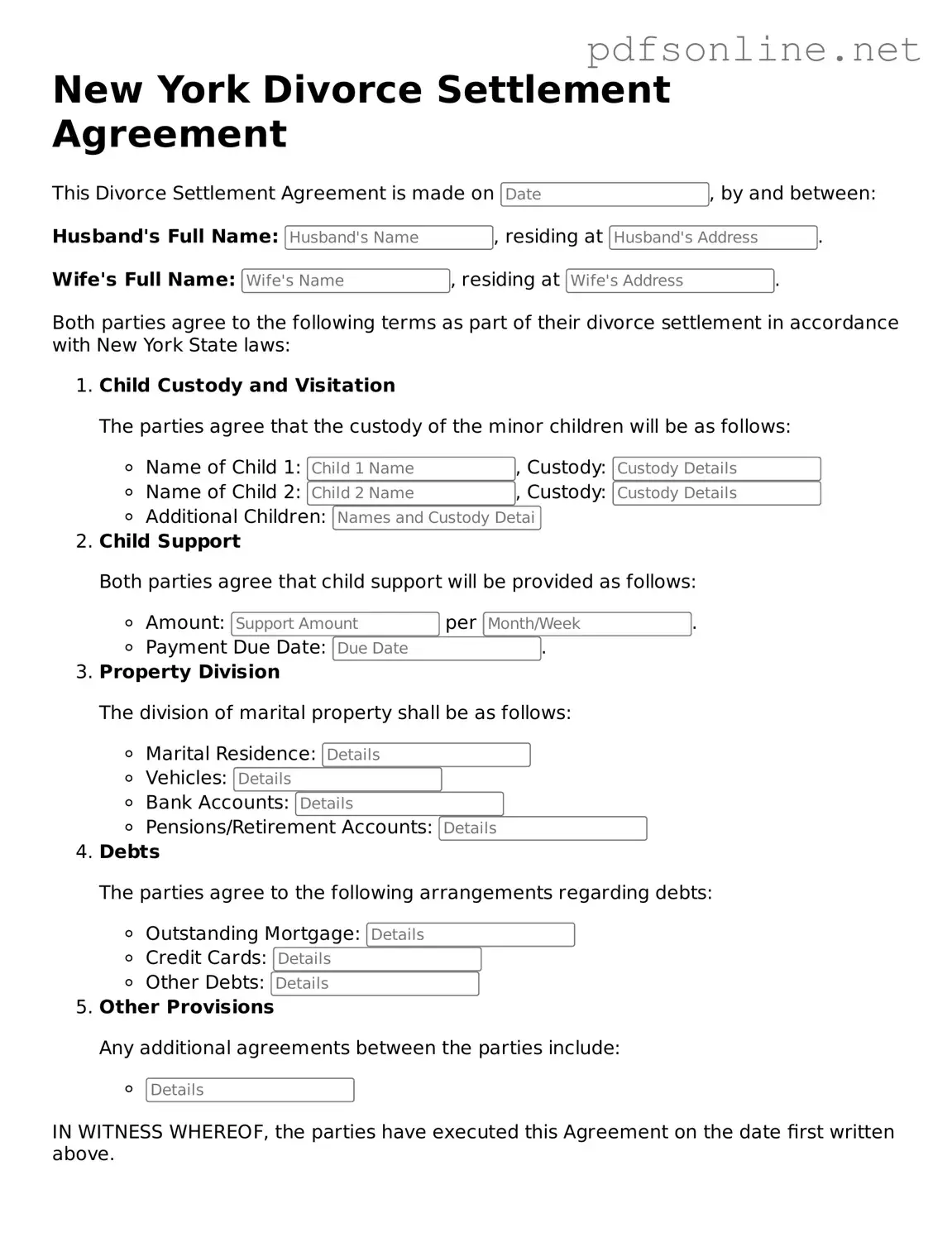 Legal Divorce Settlement Agreement Template for the State of New York
