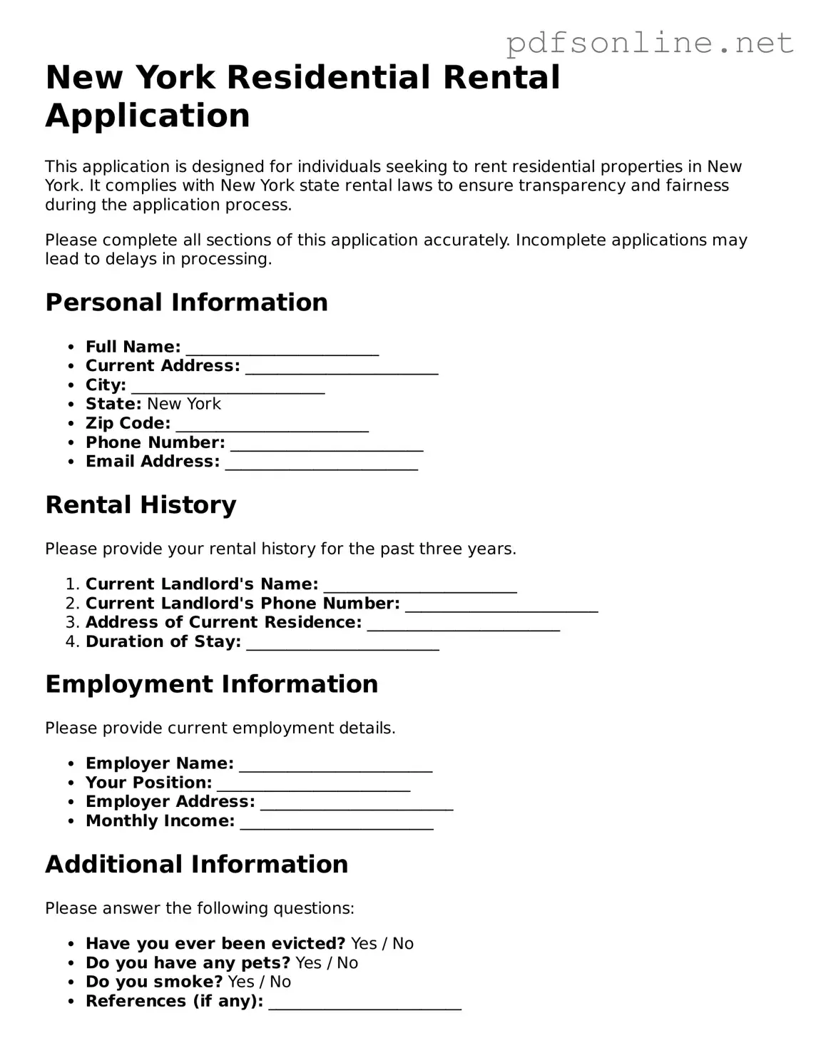 Legal Rental Application Template for the State of New York