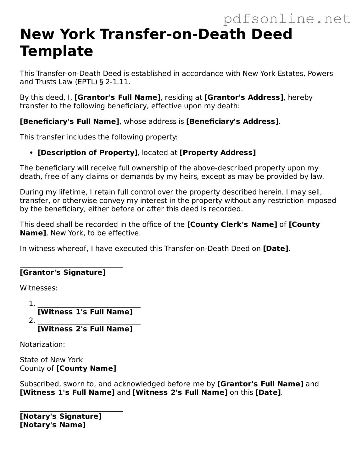 Legal Transfer-on-Death Deed Template for the State of New York
