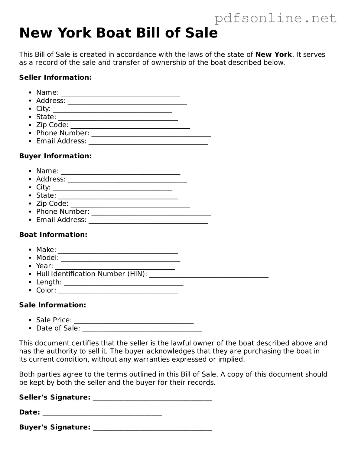 Legal Boat Bill of Sale Template for the State of New York