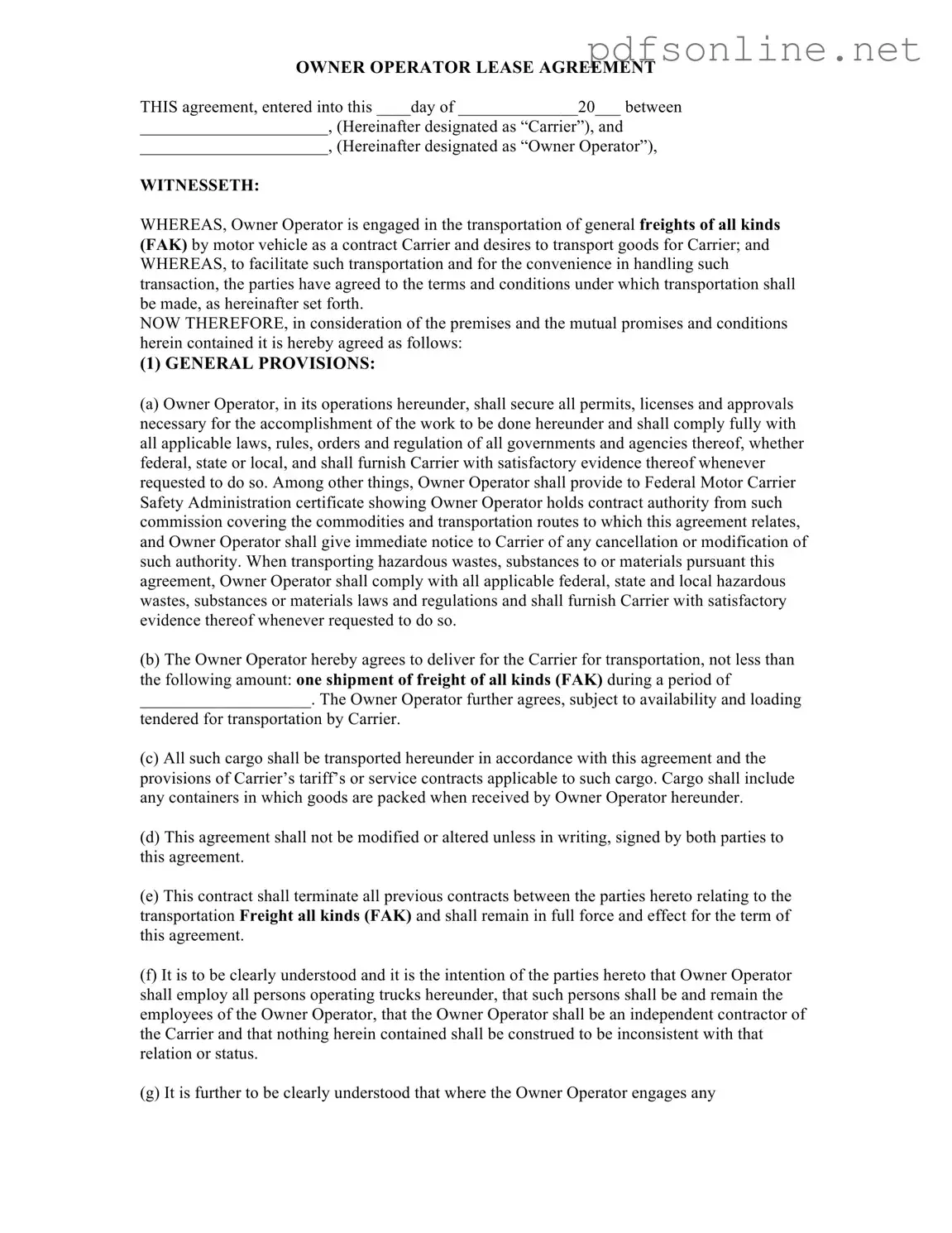 Free Owner Operator Lease Agreement PDF Form