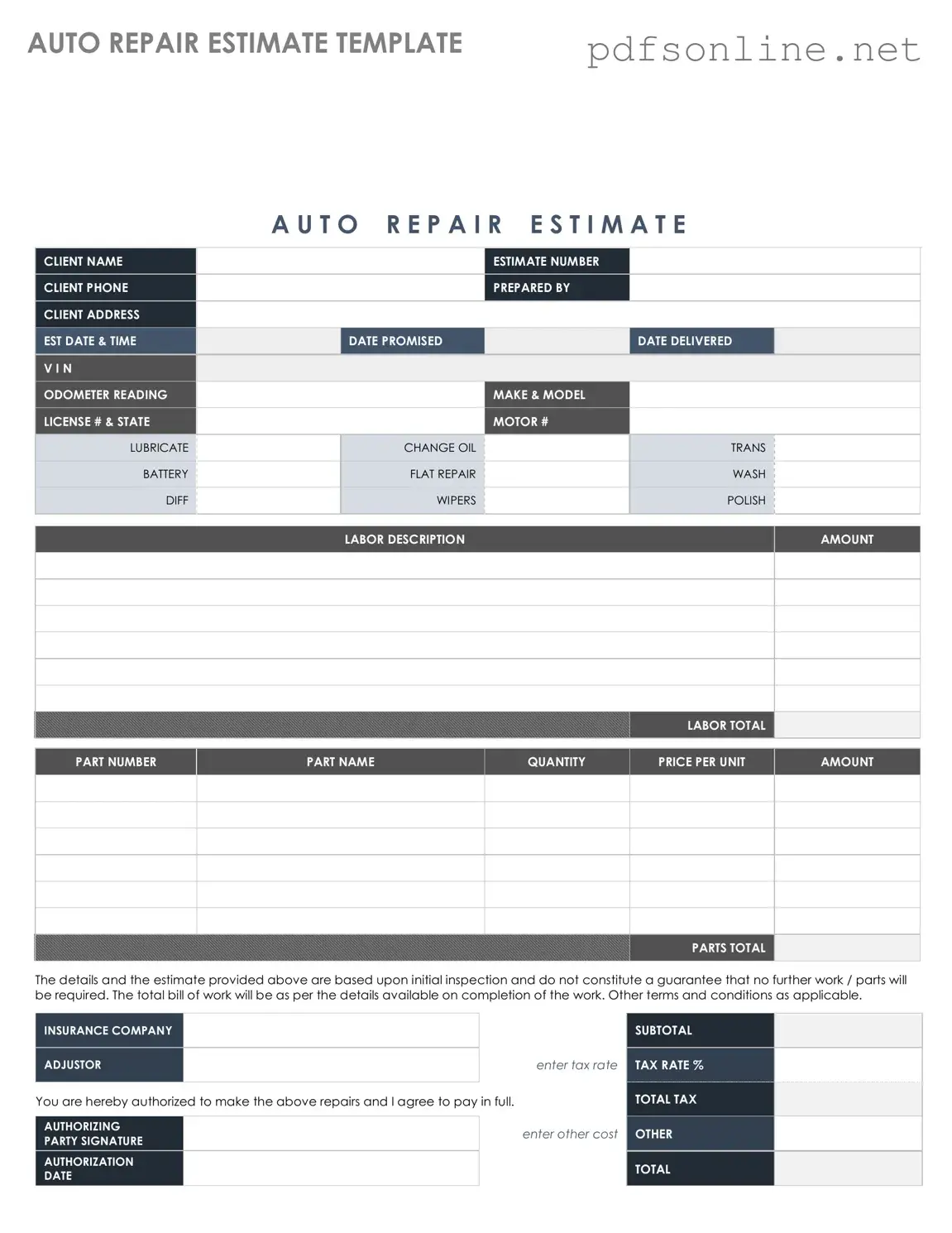Free Auto Repair Estimate PDF Form