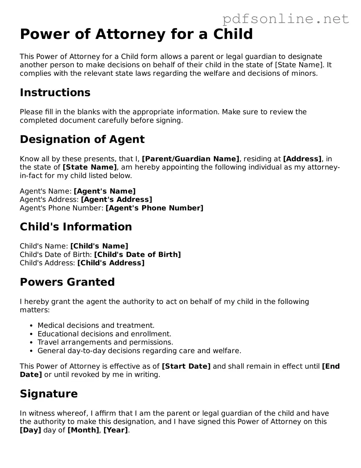 Attorney-Approved Power of Attorney for a Child Form