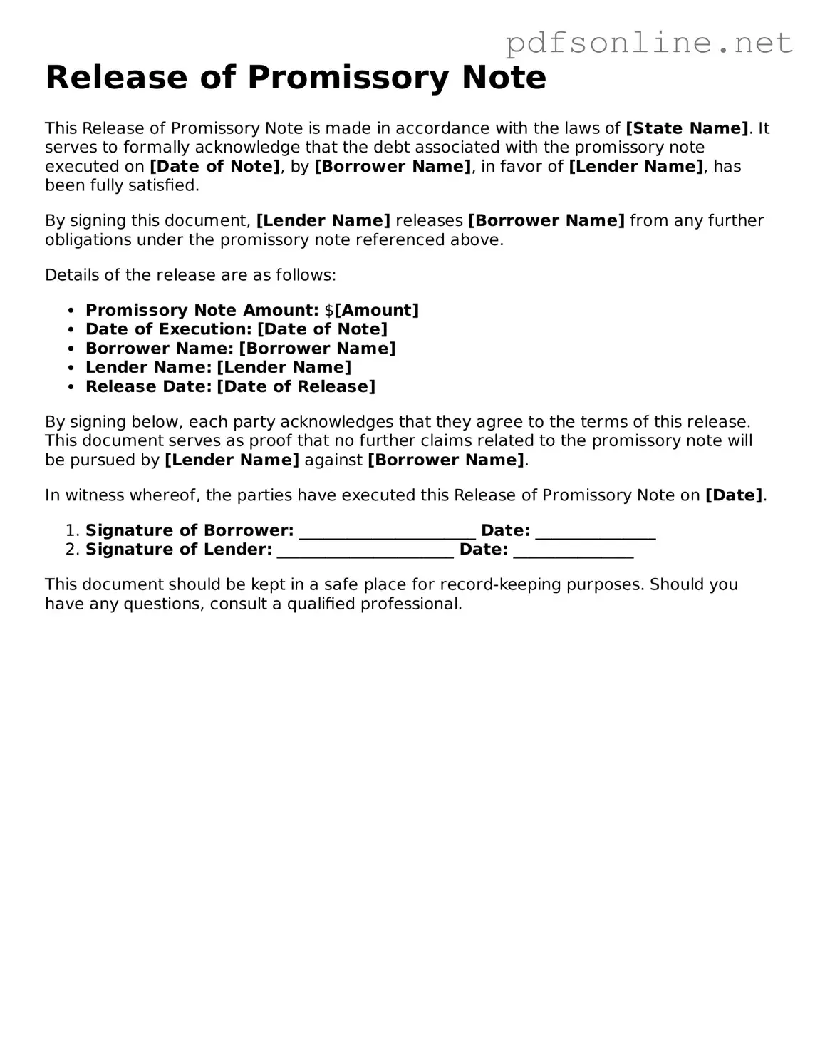 Attorney-Approved Release of Promissory Note Form