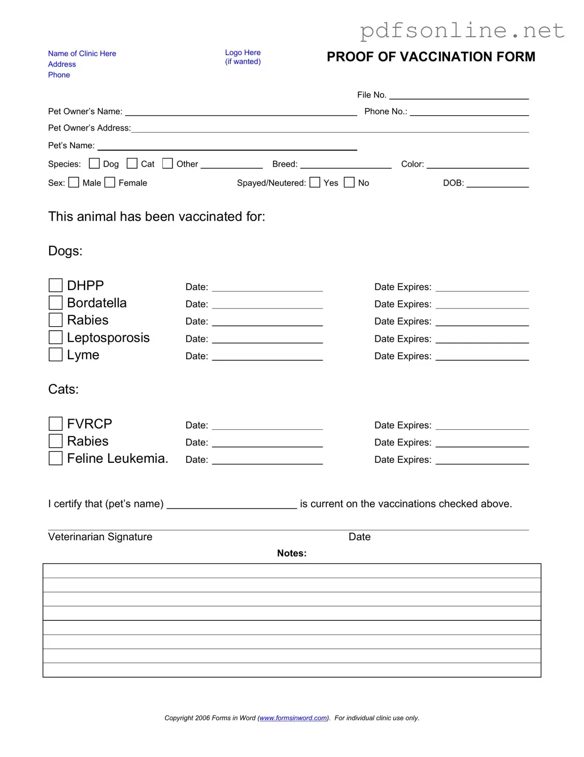 Free Proof Of Vaccination Dog PDF Form