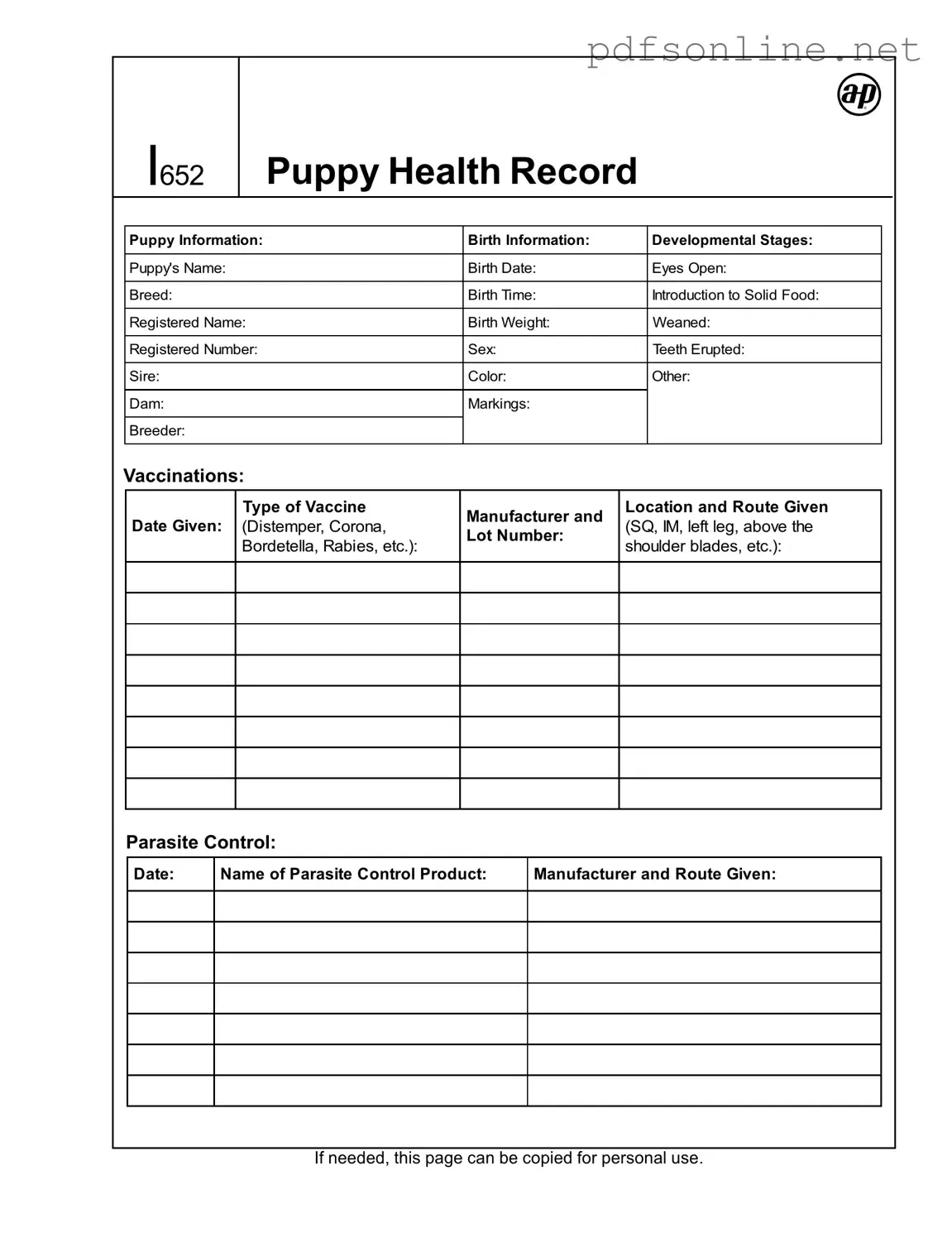 Free Puppy Health Record PDF Form