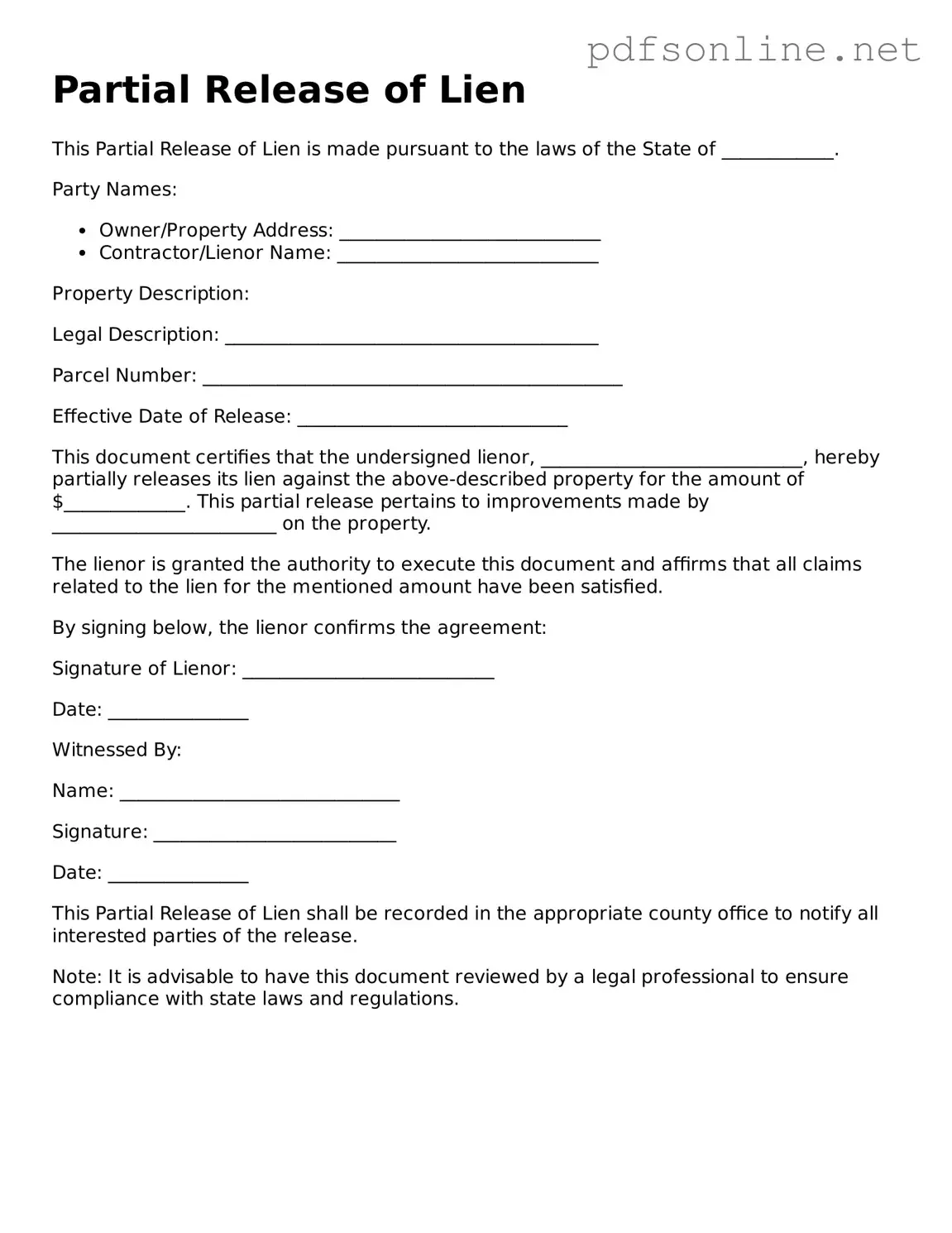 Attorney-Approved Partial Release of Lien Form
