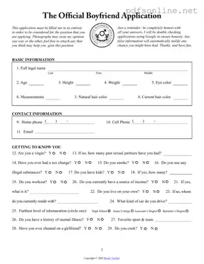 Free Boyfriend application form PDF Form