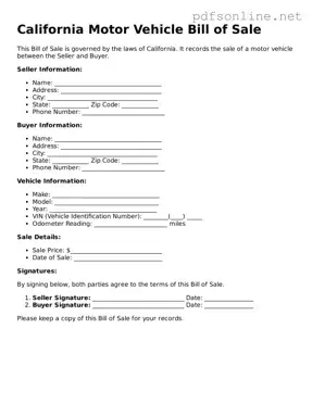 Legal Motor Vehicle Bill of Sale Template for the State of California