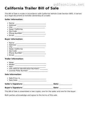 Legal Trailer Bill of Sale Template for the State of California