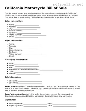 Legal Motorcycle Bill of Sale Template for the State of California