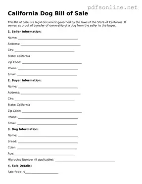 Legal Dog Bill of Sale Template for the State of California
