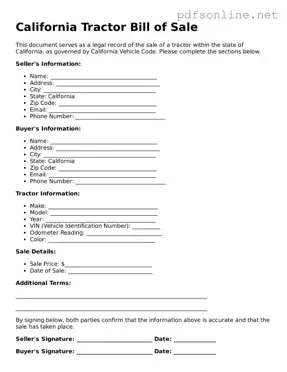 Legal Tractor Bill of Sale Template for the State of California